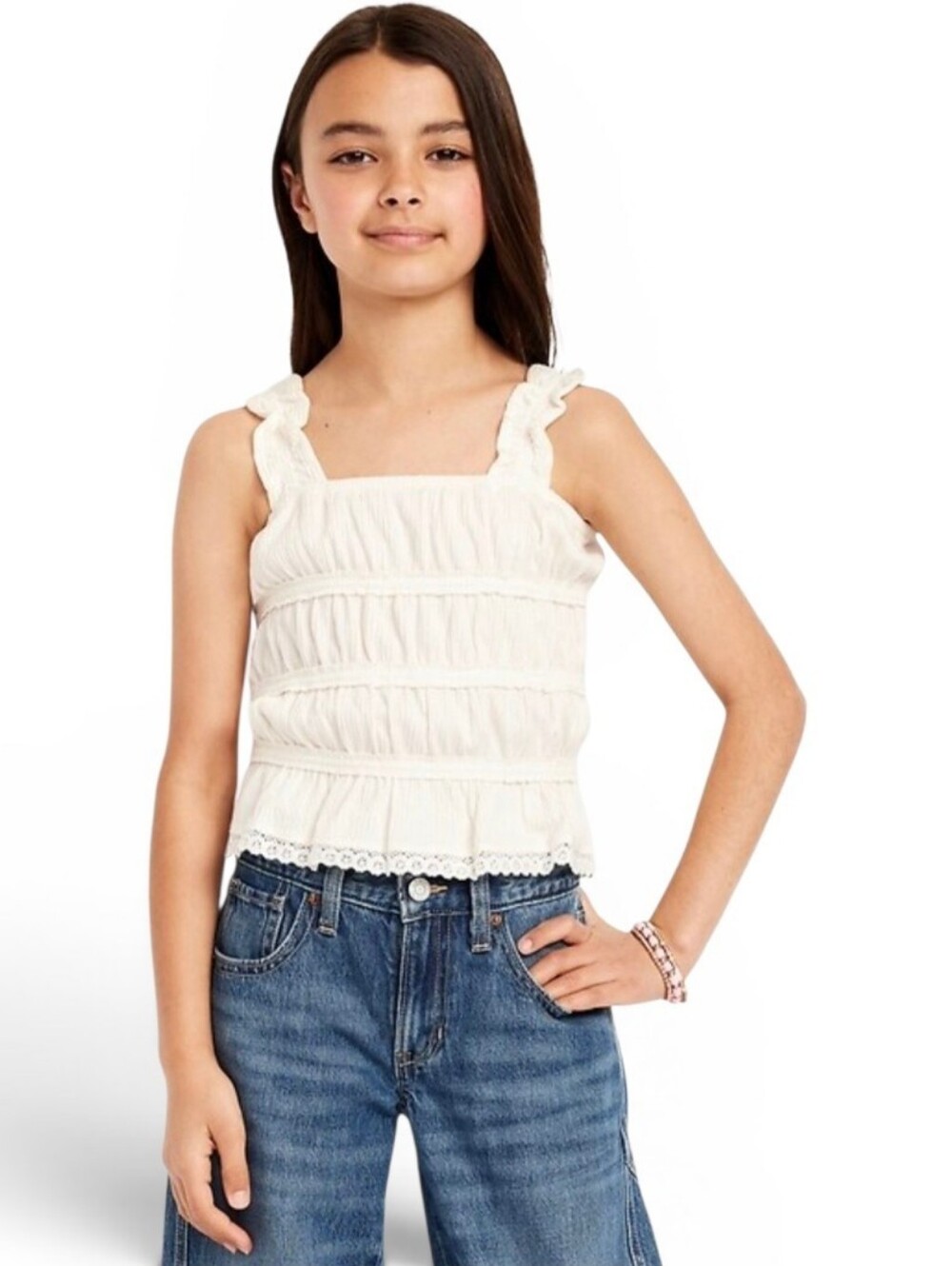 Old‎ Navy Girls Smocked Ruffle Tank Top White Sea Salt Size Large 10/12